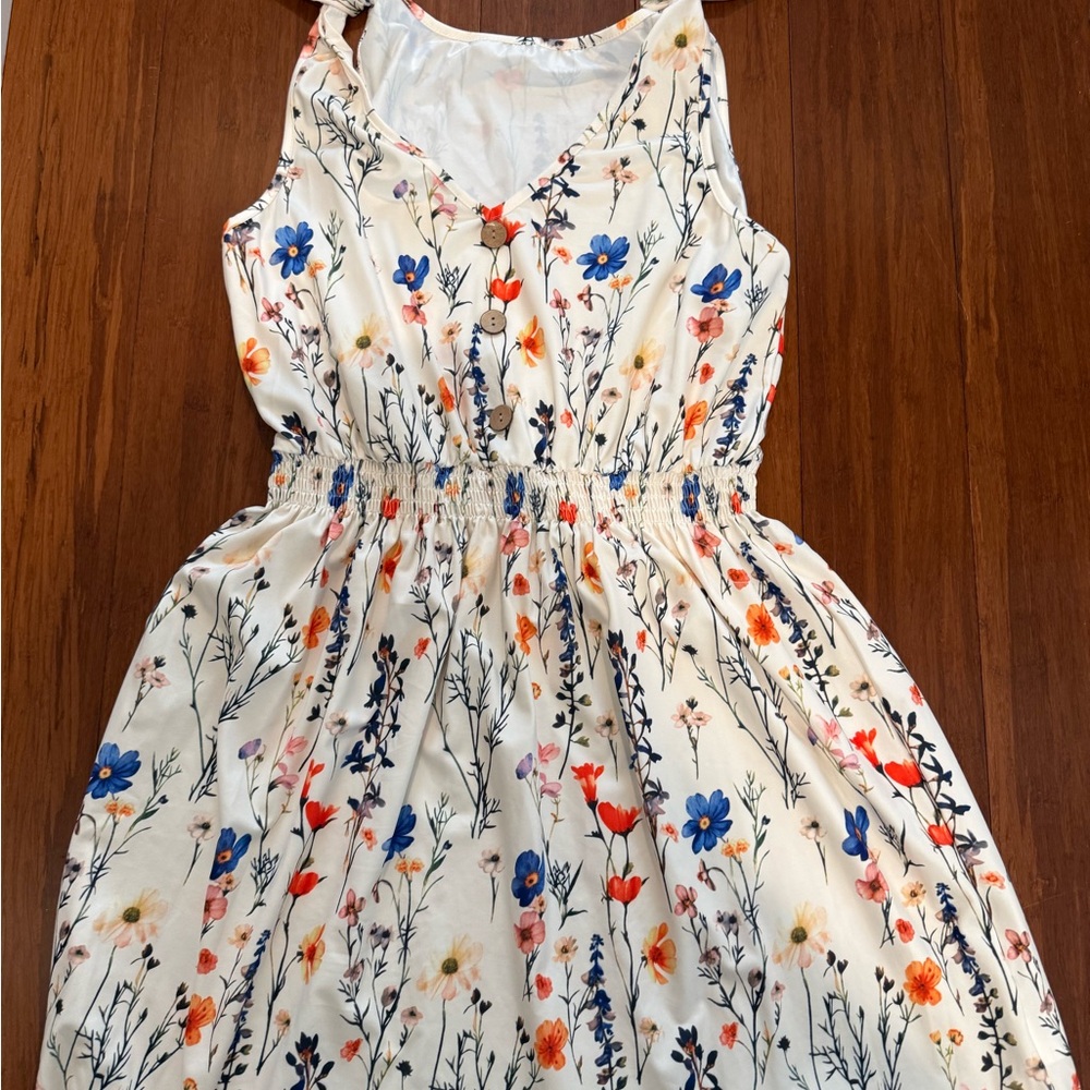 Floral Dress - Cream with Blue and Orange Accents